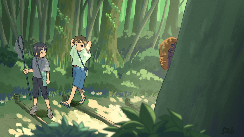 2boys arm_at_side arms_behind_head bag black_pants blue_shorts brown_eyes brown_hair bug bush butterfly_net cicada closed_mouth dappled_sunlight dirt_road drawstring expressionless forest grass green_shirt grey_hoodie hand_net highres holding holding_butterfly_net hood hood_down hoodie kojiro337 looking_at_animal looking_at_another looking_back male_child male_focus multiple_boys nature original pants plant raised_eyebrows road sandals scenery shirt short_hair short_sleeves shorts shoulder_bag signature sunlight t-shirt tree
