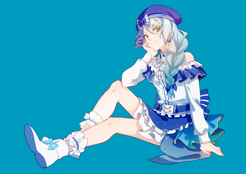 1girl absurdres ankle_cuffs aqua_hair arm_support bang_dream! bare_shoulders beret blue_background blue_bow blue_dress blue_headwear bow braid chinese_commentary closed_mouth commentary_request dress elbow_rest frilled_cuffs frilled_dress frills green_eyes hair_between_eyes hair_bow hair_ornament hat hat_bow head_rest highres hikawa_sayo idol idol_clothes knee_up long_hair long_sleeves looking_at_viewer off-shoulder_dress off_shoulder puffy_sleeves sidelocks simple_background sitting smile solo striped striped_bow walluka white_bow white_dress white_footwear