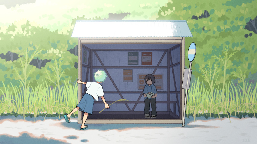 2boys bench black_pants blue_hoodie blue_shorts book brown_eyes brown_hair bus_stop drawstring forest grass green_hair highres holding holding_book holding_grass hood hood_down hoodie kojiro337 landscape looking_at_another male_child male_focus multiple_boys nature original pants plant reading road road_sign scenery shirt shorts sign sitting t-shirt tree white_shirt