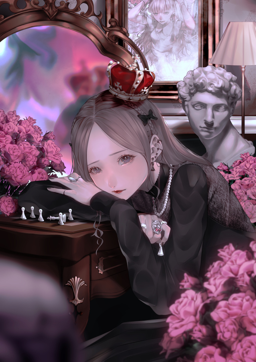 1girl absurdres black_dress blurry blurry_foreground braid brown_eyes bust_(sculpture) chess_piece closed_mouth crown dress flower head_rest highres jewelry lamp long_hair looking_at_viewer mano_aaa mini_crown mirror necklace original painting_(object) pink_flower red_lips ring solo