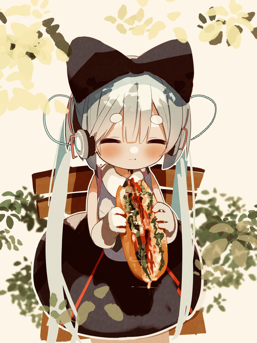 1girl aqua_hair bare_arms bench black_bow black_dress bow cable closed_eyes cowboy_shot dress dripping eating food full_mouth gloves hair_bow happy hatsune_miku headphones highres hikimayu holding holding_food light_blush long_hair magical_mirai_(vocaloid) magical_mirai_miku magical_mirai_miku_(2016) plant sandwich sitting sleeveless sleeveless_dress solo sparkle syare_0603 twintails very_long_hair vocaloid white_gloves