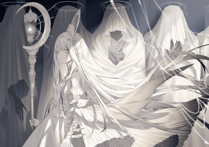 1girl 5others absurdres arm_strap arms_at_sides blunt_bangs breasts cloak detached_sleeves dress from_side gradient_hair grey_hair halo headdress highres hime_cut holding holding_staff hood hooded_cloak kotarou_(kot_mochi) layered_dress long_hair looking_at_viewer looking_to_the_side medium_breasts melting_halo multicolored_hair multiple_others original sidelocks sideways_glance solo staff very_long_hair white_cloak white_dress white_eyes white_hair white_theme