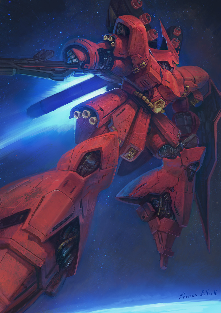 beam_rifle char's_counterattack energy_gun english_commentary gundam highres in_orbit machinery mecha missile_pod mobile_suit no_humans realistic robot sazabi science_fiction shield signature space starry_background thomas-elliott-art thrusters weapon zeon