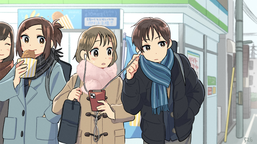 1boy 3girls black_jacket black_scarf blue_coat blue_scarf blush brown_coat brown_eyes brown_hair buttons cellphone closed_eyes coat convenience_store day dot_nose down_jacket earphones earphones facing_another forehead grey_sky hand_in_pocket highres holding holding_phone jacket kojiro337 layered_clothes light_brown_hair listening_to_music long_bangs long_sleeves looking_to_the_side medium_hair multiple_girls original out_of_frame outdoors parted_bangs phone pink_scarf power_lines scarf sharing shop short_hair short_ponytail sidelocks signature sky smartphone sweatdrop upper_body utility_pole winter