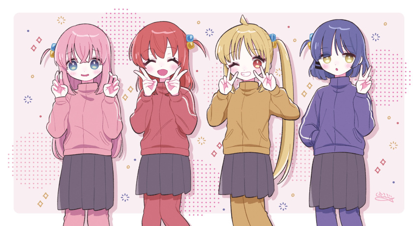 4girls :d :o aqua_eyes artist_name black_skirt blonde_hair blue_hair blue_track_suit blush bocchi_the_rock! border closed_eyes cube_hair_ornament facing_viewer gotou_hitori grin hair_ornament hand_in_pocket hand_up hands_up high_collar highres ijichi_nijika jacket kita_ikuyo long_hair long_sleeves looking_at_viewer medium_hair multiple_girls nicogoly one_eye_closed one_side_up open_mouth orange_eyes pink_background pink_hair pink_track_suit pleated_skirt red_track_suit short_hair side_ponytail signature simple_background skirt smile standing straight-on track_jacket v very_long_hair wavy_mouth white_border yamada_ryou yellow_eyes yellow_track_suit