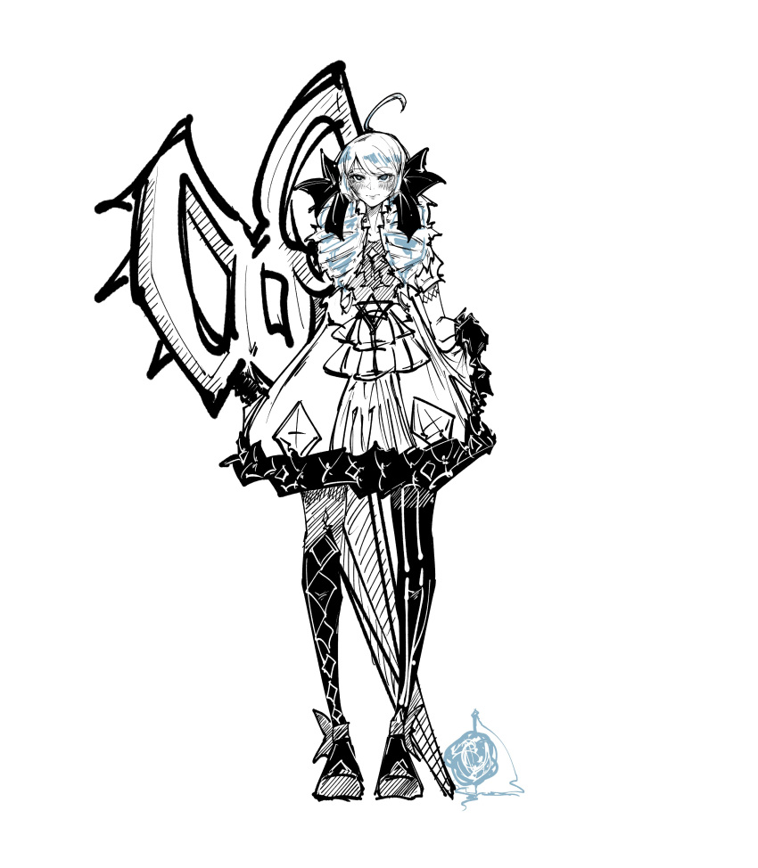 1girl absurdres ahoge blush bow closed_mouth dress drill_hair full_body gloves greyscale gwen_(league_of_legends) hair_bow highres jeong.syn league_of_legends light_smile looking_at_viewer monochrome oversized_object scissors shoes simple_background standing thigh-highs twin_drills twintails white_background
