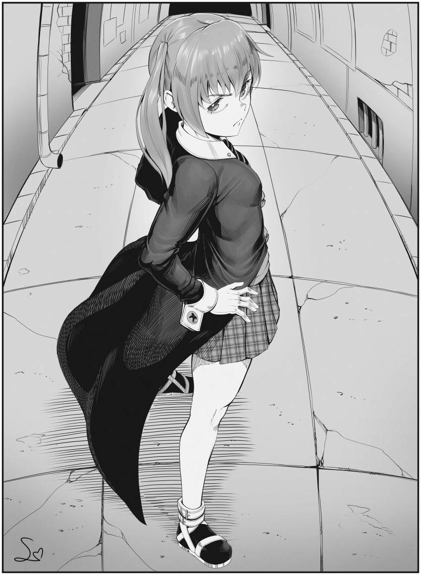 1girl absurdres alley closed_mouth green_eyes greyscale hands_on_own_hips highres looking_at_viewer maka_albarn medium_hair monochrome plaid plaid_skirt pleated_skirt shirt skirt solo soul_eater speedl00ver standing