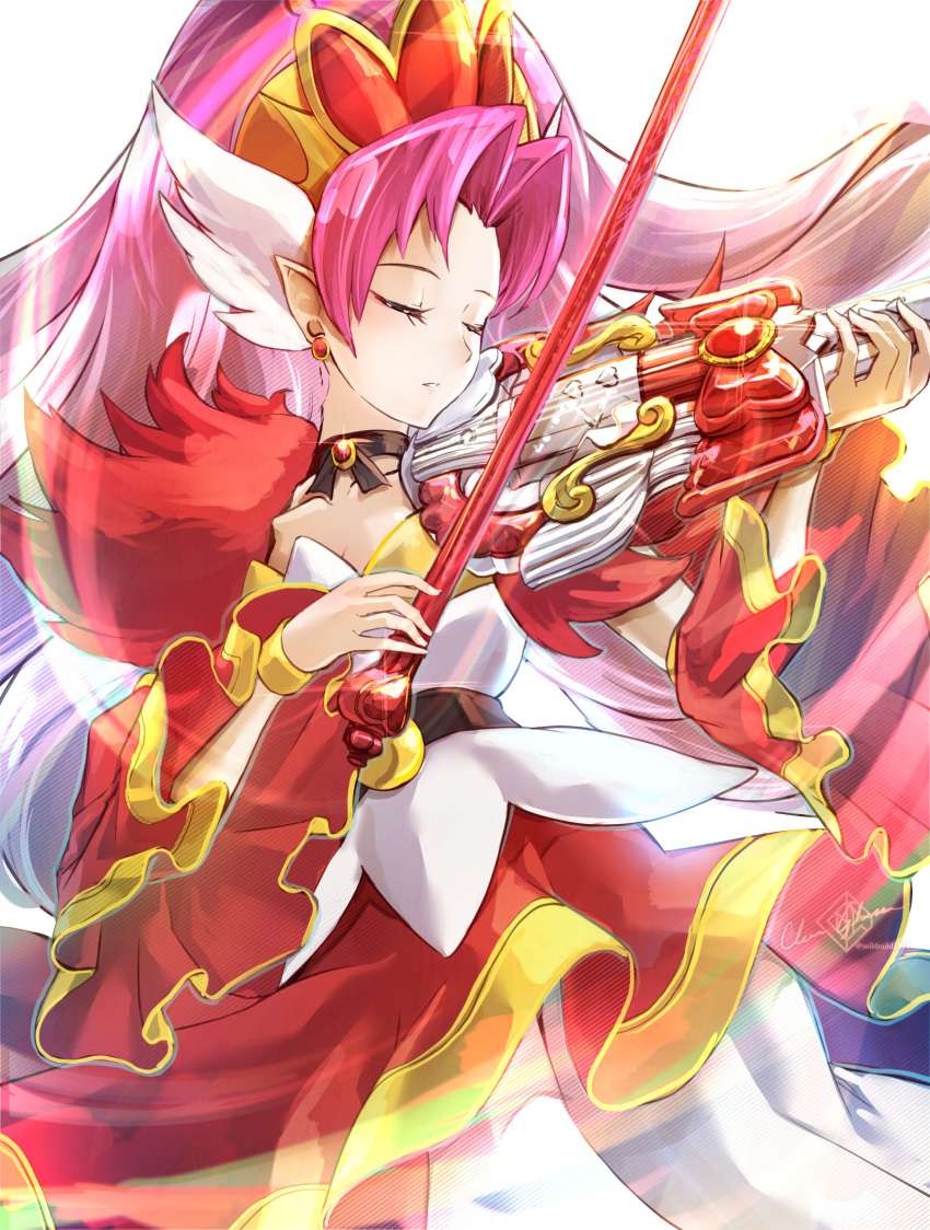 1girl akagi_towa bow bow_(music) choker clear_glass_(mildmild1311) closed_eyes cure_scarlet earrings go!_princess_precure highres holding holding_instrument instrument jewelry long_hair magical_girl pink_hair pointy_ears precure quad_tails red_sleeves redhead smile solo very_long_hair violin waist_bow white_background