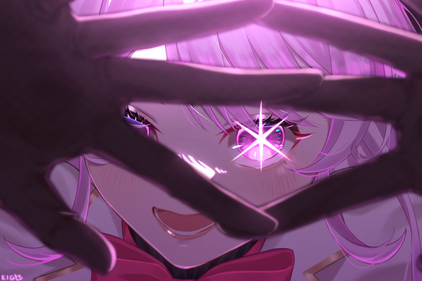 1girl :d black_gloves blurry blurry_foreground bow close-up edogawa_kigoro english_commentary gloves glowing glowing_eye highres idol_(yoasobi) lace lace_gloves lips looking_at_viewer looking_through_fingers maria_marionette nijisanji nijisanji_en open_mouth oshi_no_ko pink_eyes pink_hair portrait red_bow signature smile solo sparkling_eyes star-shaped_pupils star_(symbol) symbol-shaped_pupils