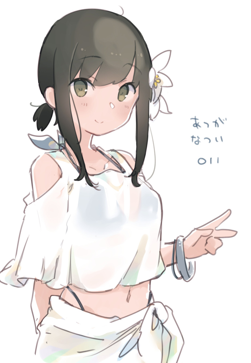 1girl absurdres alternate_costume black_hair blush closed_mouth collarbone flower fubuki_(kancolle) green_eyes hair_flower hair_ornament highres kantai_collection looking_at_viewer ma_rukan navel sarong short_hair short_ponytail signature simple_background smile solo upper_body white_background white_flower white_sarong