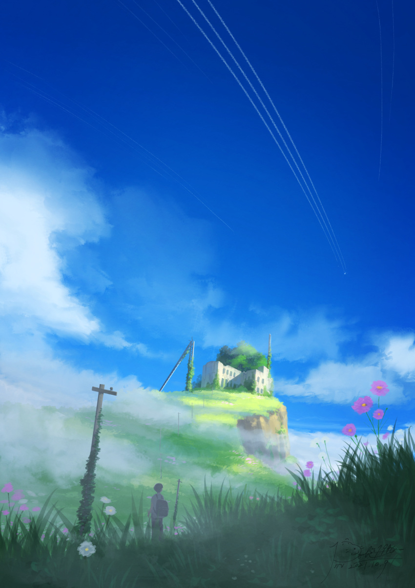 1other blue_sky clouds commentary_request contrail dated day field flower from_behind grass highres landscape original outdoors pink_flower pochi_(poti1990) ruins scenery signature sky solo tree utility_pole very_wide_shot white_flower