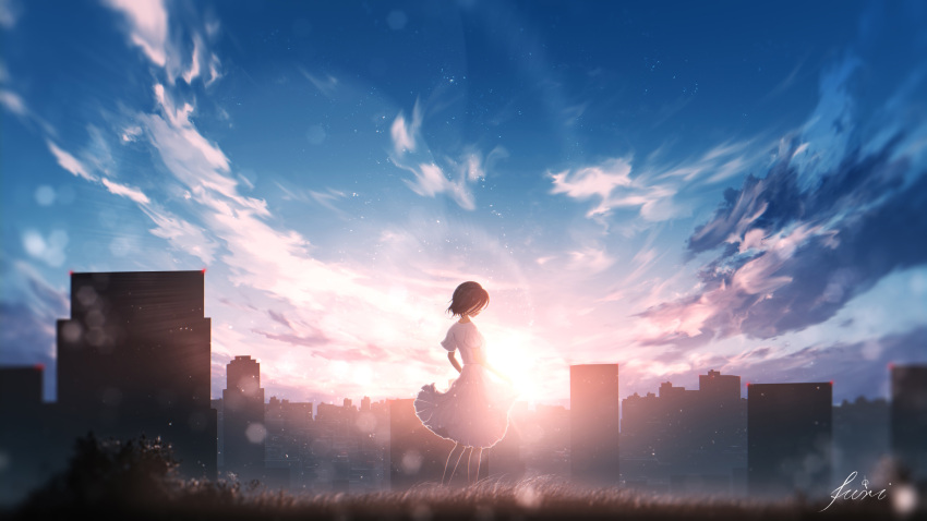 1girl absurdres backlighting blue_sky brown_hair building cityscape clouds cloudy_sky evening facing_away fisheye from_side furi0831 grass highres lens_flare long_skirt original pleated_skirt scenery shirt short_hair short_sleeves signature skirt sky skyline solo sun sunset white_shirt white_skirt