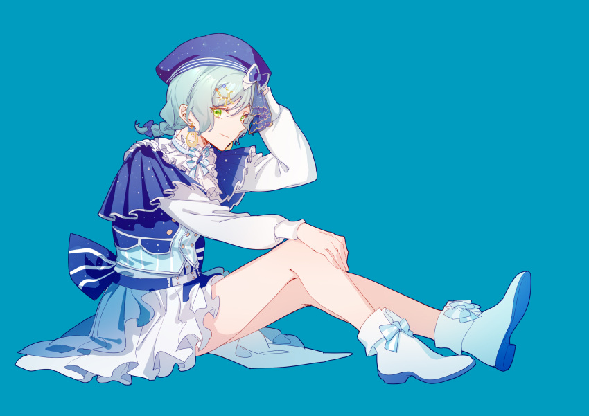 1girl absurdres adjusting_clothes adjusting_headwear back_bow bang_dream! bare_legs beret blue_background blue_bow blue_bowtie blue_dress blue_headwear bow bowtie braid chinese_commentary collared_dress commentary_request dress earrings frilled_dress frills green_eyes hair_bow hair_ornament hat hat_bow highres hikawa_hina idol idol_clothes jewelry knees_up long_sleeves looking_at_viewer looking_to_the_side medium_hair puffy_sleeves sidelocks simple_background sitting smile solo striped striped_bow striped_bowtie two-tone_dress walluka white_bow white_bowtie white_dress white_footwear