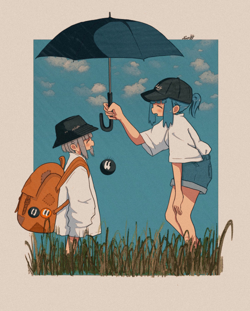 2girls backpack badge bag bare_legs baseball_cap black_headwear blue_hair blue_shorts blue_sky bucket_hat button_badge child closed_eyes clouds creature day denim denim_shorts female_child from_side grass grey_hair grey_umbrella hat highres holding holding_umbrella long_sleeves looking_at_another multiple_girls nao97122 open_mouth orange_bag original outdoors outside_border shared_umbrella shirt shirt_tucked_in short_ponytail short_sleeves shorts sidelocks signature size_difference sky sleeves_past_fingers sleeves_past_wrists standing umbrella white_shirt wide_sleeves