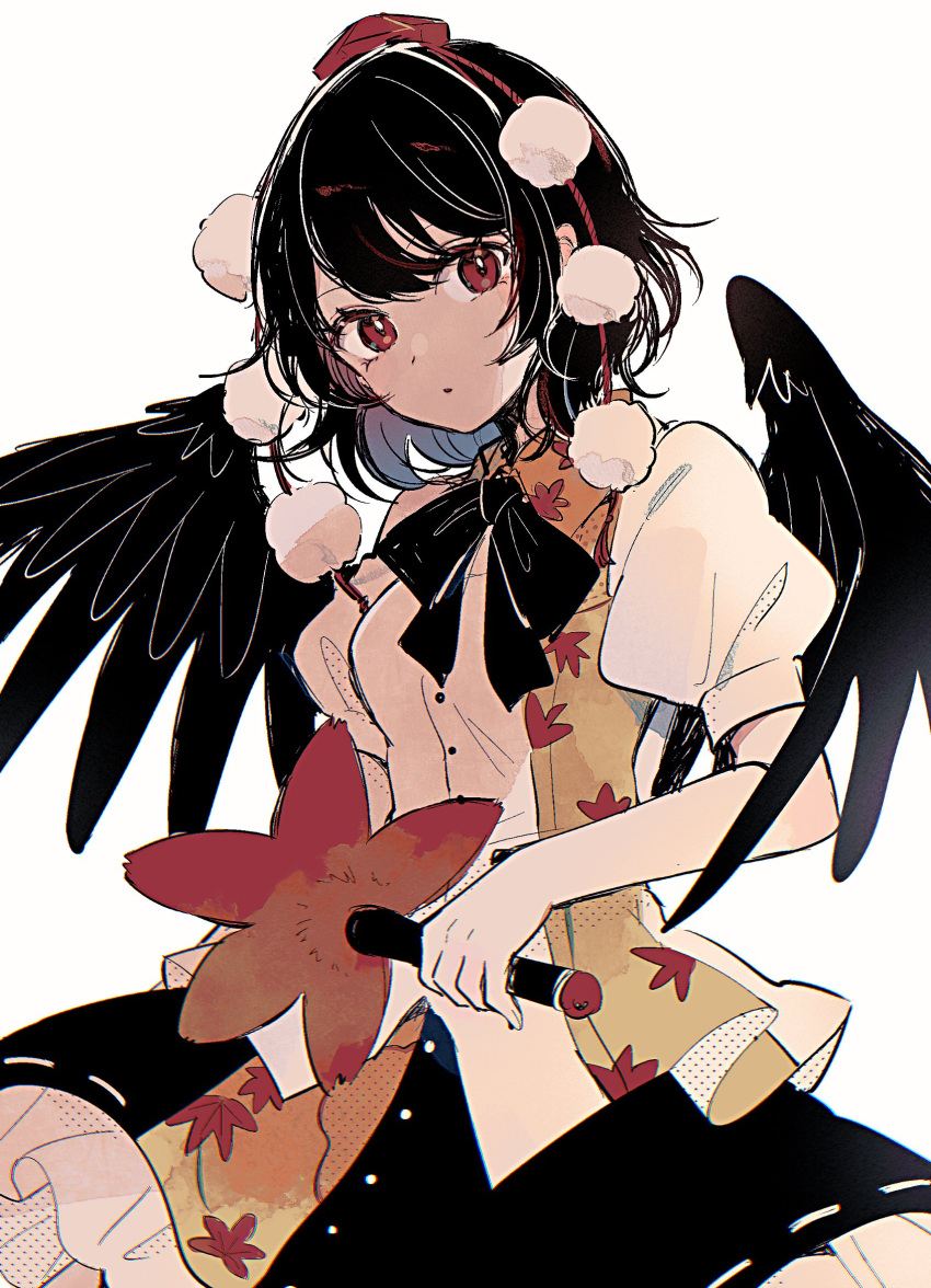 1girl bird_wings black_hair black_skirt black_wings buttons feathered_wings frilled_skirt frills hand_fan hat hauchiwa highres holding holding_fan mozukuzu_(manukedori) parted_lips pom_pom_(clothes) puffy_short_sleeves puffy_sleeves red_eyes red_headwear shameimaru_aya shirt short_hair short_sleeves simple_background skirt solo tokin_hat touhou upper_body white_background white_shirt wings