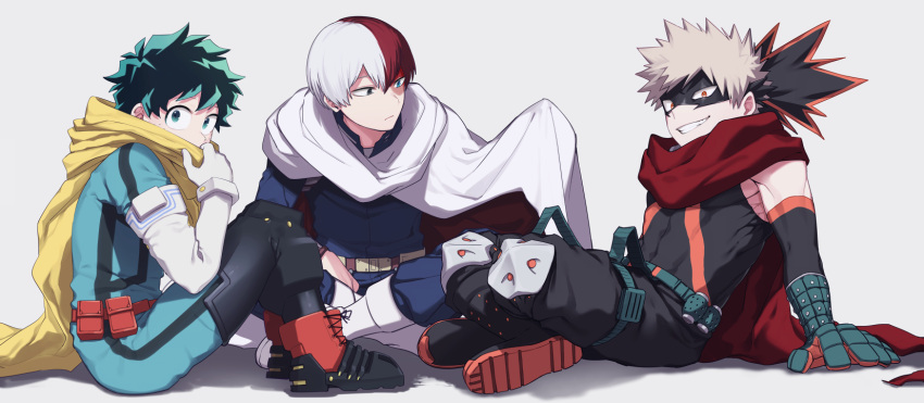 3boys alternate_hair_color aqua_bodysuit arm_on_thigh armpit_peek baggy_pants bakugou_katsuki belt belt_pouch black_footwear black_mask black_pants black_tank_top blue_eyes blue_pants boku_no_hero_academia boots burn_scar cape cape_grab clothes_grab colored_shoe_soles combat_boots commentary_request covered_mouth covered_navel cross-laced_footwear detached_sleeves explosive eye_mask eyebrows_hidden_by_hair freckles from_side full_body gloves gradient_hair green_belt green_eyes green_gloves green_hair grenade grey_eyes grey_hair grin hair_between_eyes hand_on_floor hand_on_ground hand_up headgear heterochromia high_collar highres indian_style knee_boots knee_pads knees_up leaning_back looking_at_hand looking_at_viewer looking_to_the_side male_focus maneki-neko_(fujifuji) midoriya_izuku multicolored_hair multiple_boys official_alternate_costume orange_gloves pants parted_hair partial_commentary pouch red_cape red_eyes redhead sanpaku scar scar_on_face shadow shoe_soles short_hair sideways_mouth simple_background sitting smile spiky_hair split-color_hair straight_hair tank_top todoroki_shouto toned toned_male turning_head two-sided_cape two-sided_fabric two-tone_gloves two-tone_hair uneven_eyes white_background white_cape white_footwear white_gloves white_hair wrist_guards yellow_cape
