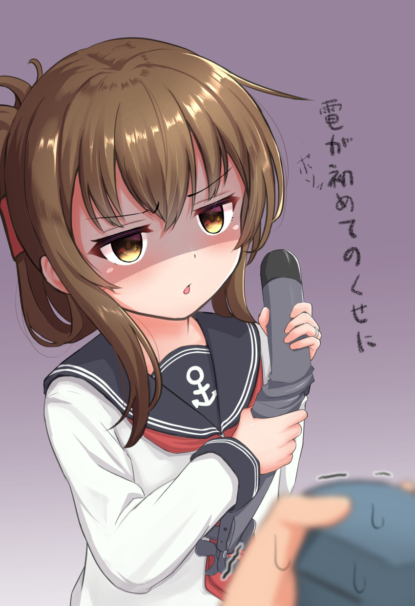 1girl 1other anchor_symbol black_sailor_collar blush brown_eyes brown_hair folded_ponytail gradient_background hair_between_eyes highres holding holding_torpedo inazuma_(kancolle) jewelry kantai_collection long_hair long_sleeves neckerchief oldman_taketora open_mouth red_neckerchief ring sailor_collar school_uniform serafuku shaded_face solo_focus torpedo translation_request upper_body wedding_ring