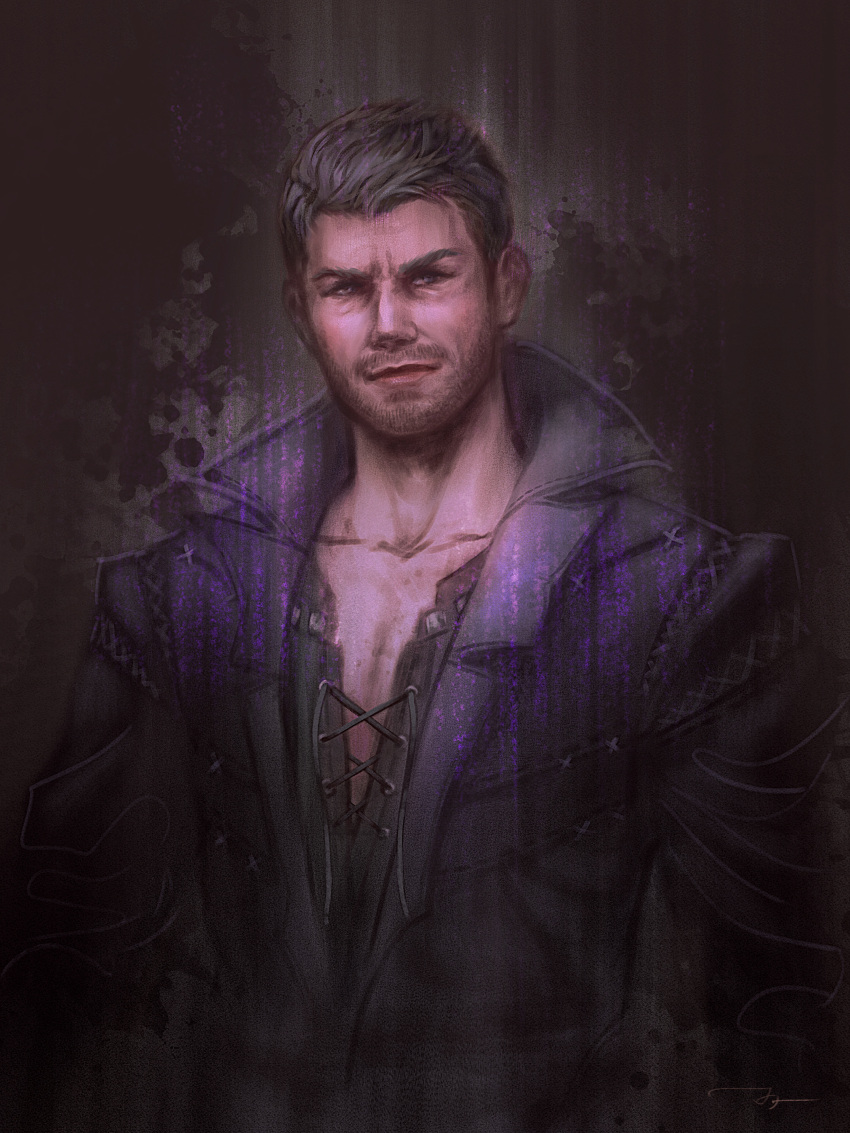 1boy absurdres beard black_shirt cidolfus_telamon cross-laced_clothes cross-laced_top facial_hair final_fantasy final_fantasy_xvi full_body grey_hair highres looking_at_viewer male_focus mature_male open_collar shirt solo square_enix standing stubble thatfirstspark upper_body