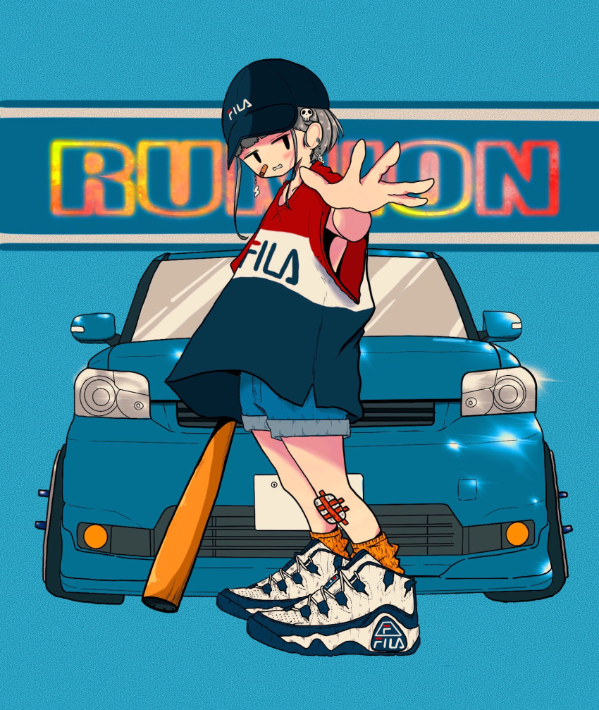 1girl bandaid bandaid_on_cheek bandaid_on_face bandaid_on_knee bandaid_on_leg baseball_bat baseball_cap black_eyes black_headwear blue_background blue_car blue_shirt blue_shorts blunt_bangs car clenched_teeth clothes_writing denim denim_shorts earrings fila from_side full_body grey_hair hair_ornament hat highres holding holding_baseball_bat jewelry looking_at_viewer looking_to_the_side motor_vehicle multicolored_shirt nao97122 original outstretched_arm parted_lips print_shirt reaching reaching_towards_viewer red_shirt shirt shoes short_hair short_sleeves shorts skull_hair_ornament sneakers socks solo standing teeth white_footwear yellow_socks