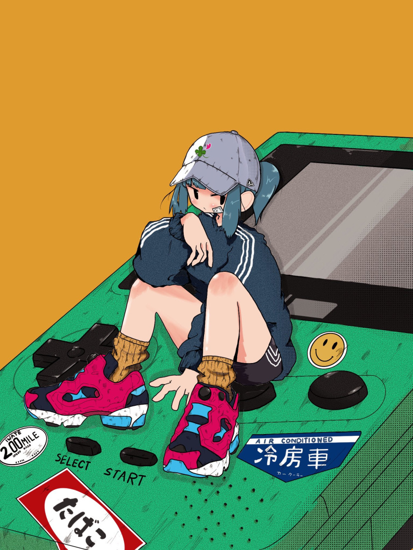 1girl bandaid bandaid_on_cheek bandaid_on_face baseball_cap between_legs black_eyes black_shorts closed_mouth clover commentary four-leaf_clover full_body game_boy grey_hair grey_sweater hand_between_legs hand_up handheld_game_console hat highres knees_up long_sleeves looking_at_viewer nao97122 original pink_footwear ponytail shoes shorts sidelocks simple_background sitting sneakers socks solo sticker streetwear sweater symbol-only_commentary triple_vertical_stripe white_headwear yellow_background yellow_socks