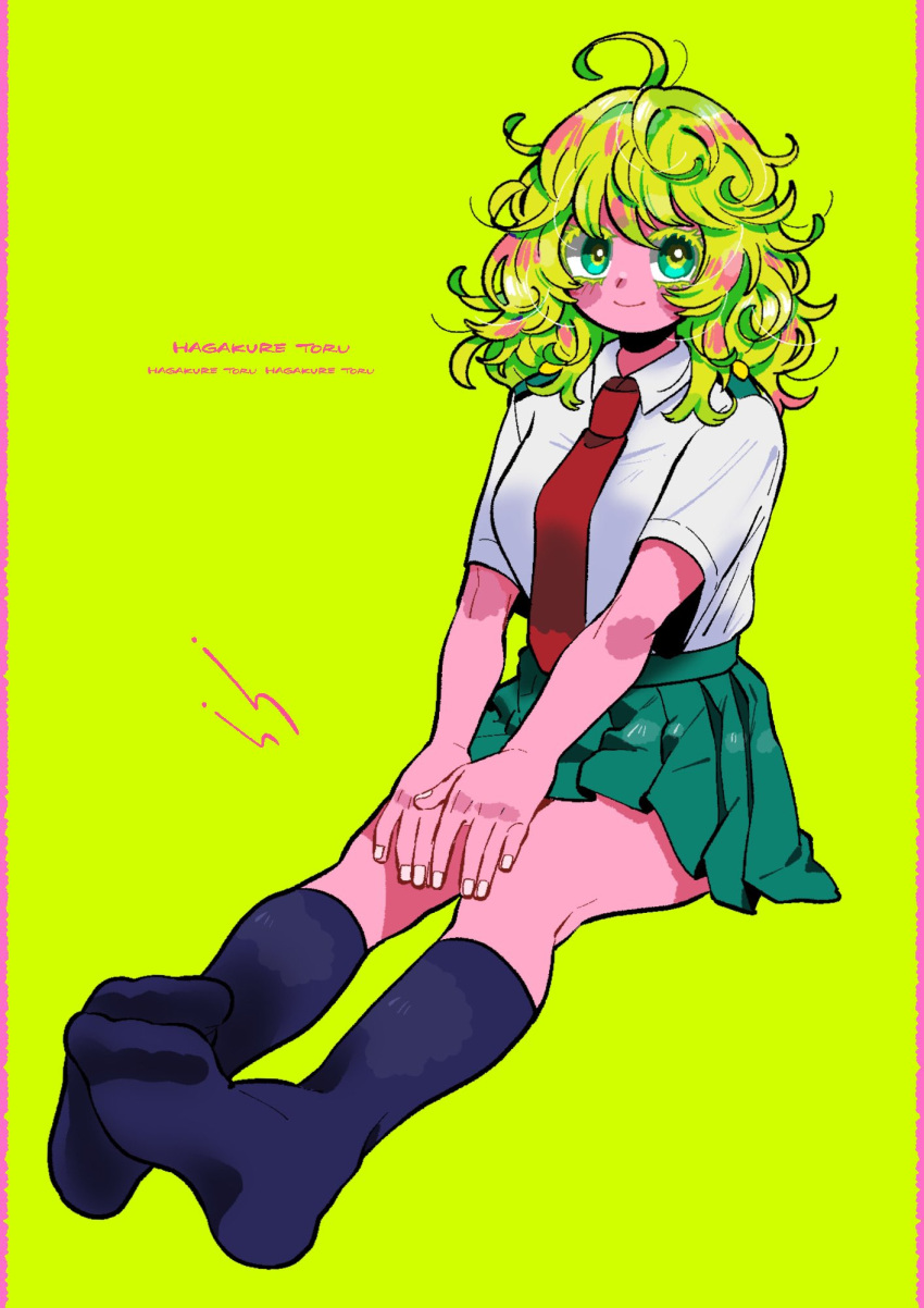 1girl ahoge alternate_skin_color anna_(aannnaa3) blue_socks blush_stickers boku_no_hero_academia character_name collared_shirt colored_eyelashes colored_skin curly_hair fingernails green_background green_hair green_skirt hagakure_tooru hair_between_eyes happy highres kneehighs looking_at_viewer medium_hair messy_hair multicolored_hair necktie no_shoes outstretched_arms outstretched_legs own_hands_together pigeon-toed pillarboxed pink_hair pink_skin pleated_skirt red_necktie school_uniform shirt short_sleeves sideways_glance simple_background sitting skirt smile socks solo streaked_hair summer_uniform thick_eyelashes u.a._school_uniform unusually_visible v_arms white_shirt wing_collar