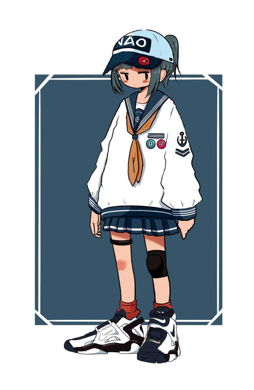 1girl anchor_symbol arms_at_sides artist_name badge baseball_cap blunt_bangs blush border button_badge closed_mouth full_body grey_background grey_hair grey_sailor_collar grey_skirt hat high_ponytail highres jitome knee_pads long_sleeves looking_at_viewer miniskirt nao97122 neckerchief nike orange_neckerchief original outside_border pleated_skirt print_headwear red_socks sailor_collar sailor_shirt shirt shoes sidelocks simple_background single_knee_pad skirt sleeve_cuffs sneakers socks solo standing star_(symbol) streetwear thigh_strap white_border white_footwear white_headwear white_shirt