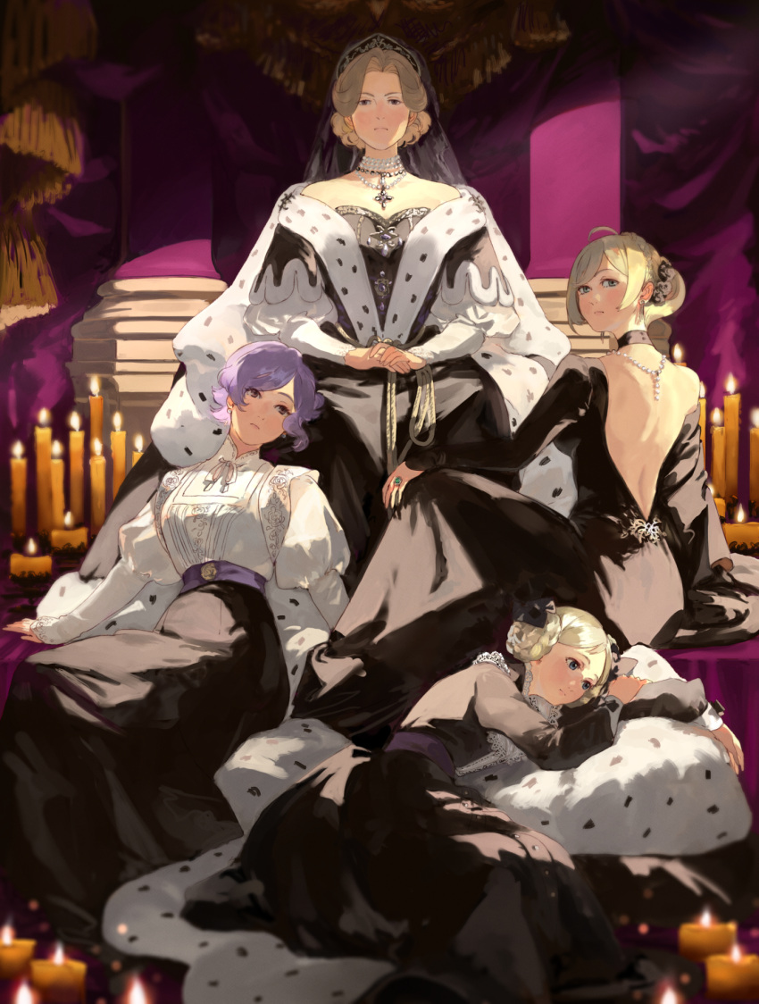 4girls ai-wa backless_dress backless_outfit bare_shoulders blonde_hair blue_eyes book book_stack breasts brown_eyes candle choker dress fire fire_emblem fire_emblem_fates green_eyes highres jewelry long_sleeves looking_at_viewer looking_back medium_breasts multiple_girls necklace original ring short_hair sitting very_short_hair