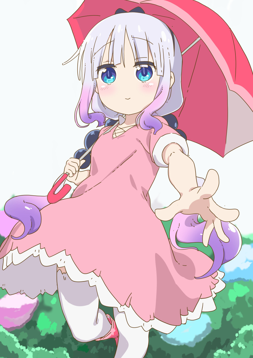 1girl :&gt; absurdres black_bow blue_eyes blunt_bangs blush bow breasts closed_mouth cross-laced_clothes cross-laced_dress day dress foliage foot_out_of_frame foreshortening gradient_hair grey_hair hair_bobbles hair_bow hair_ornament highres holding holding_umbrella kanna_kamui kobayashi-san_chi_no_maidragon kusodani lace-trimmed_dress lace-trimmed_thighhighs lace_trim long_hair looking_at_viewer medium_dress multicolored_hair no_nose outdoors outstretched_arm pink_dress pink_footwear purple_hair short_sleeves sidelocks slit_pupils small_breasts smile solo standing standing_on_one_leg thigh-highs two-tone_dress two-tone_hair umbrella very_long_hair white_dress white_thighhighs