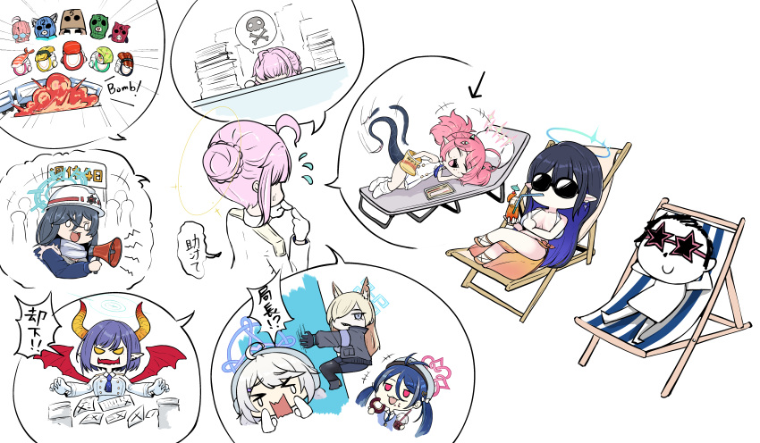 1boy 6+girls absurdres aoi_(blue_archive) arona's_sensei_doodle_(blue_archive) bag_of_chips blue_archive demon_horns demon_wings fubuki_(blue_archive) hardhat helmet hifumi_(blue_archive) highres horns hoshino_(blue_archive) kaitenger_(blue_archive) kaitenger_black_(blue_archive) kaitenger_pink_(blue_archive) kaitenger_red_(blue_archive) kaitenger_yellow_(blue_archive) kanna_(blue_archive) kaya_(blue_archive) kirino_(blue_archive) minori_(blue_archive) momoka_(blue_archive) multiple_girls nonomi_(blue_archive) pam40 paper_stack rin_(blue_archive) scarf sensei_(blue_archive) serika_(blue_archive) shiroko_(blue_archive) tail tail_wagging wings
