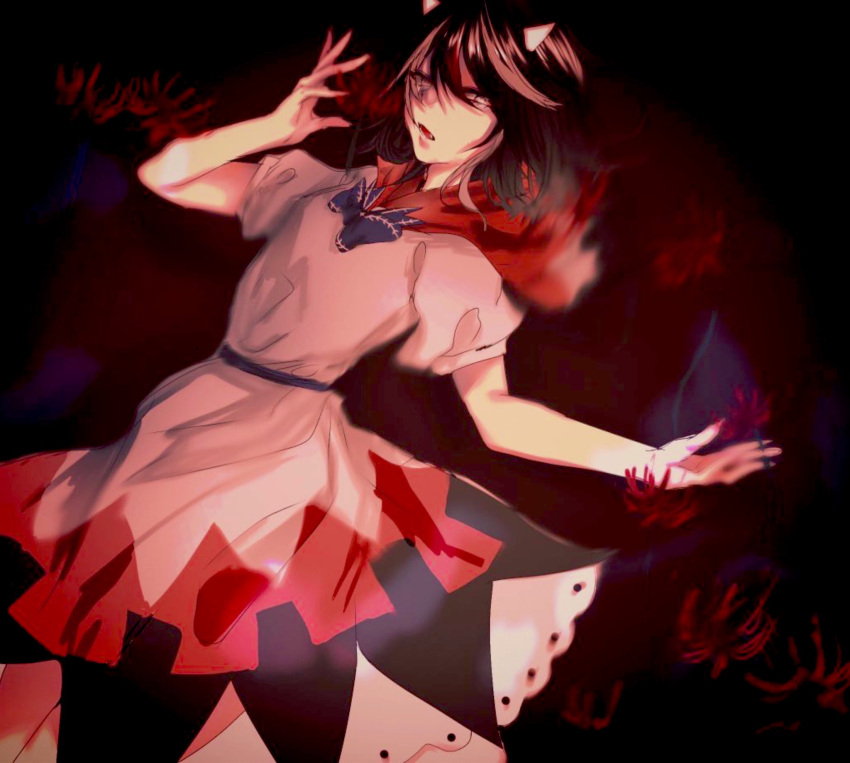 1girl black_background black_hair commentary_request dress flower highres horns kijin_seija multicolored_hair open_mouth painpain_belly red_flower redhead short_hair short_sleeves simple_background solo streaked_hair touhou white_dress white_hair