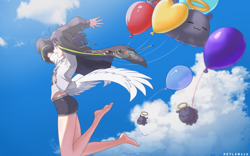 1girl :3 absurdres arms_up artist_name balloon barefoot black_jacket black_shorts blue_sky closed_mouth clouds commentary day drawstring english_commentary feathered_wings feet flying hair_between_eyes halo heart heart_balloon highres hololive hololive_english jacket legs_up long_sleeves low_wings ninomae_ina'nis ninomae_ina'nis_(5th_costume) off_shoulder official_alternate_costume open_clothes open_jacket open_mouth outdoors print_shirt profile purple_hair reylan520 shirt short_hair short_shorts short_sleeves shorts sky smile t-shirt takodachi_(ninomae_ina'nis) teeth toes upper_teeth_only violet_eyes virtual_youtuber white_shirt white_wings wings