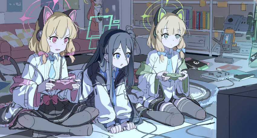 4girls animal_ear_headphones animal_ears aris_(blue_archive) black_hair black_skirt black_thighhighs blonde_hair blue_archive cat_ear_headphones closed_mouth coat controller couch fake_animal_ears game_controller hair_between_eyes hairband halo headphones highres indoors jacket long_hair midori_(blue_archive) momoi_(blue_archive) muina multiple_girls necktie off_shoulder on_floor one_side_up open_mouth parted_lips peeking_out playing_games pleated_skirt redhead shirt sitting skirt sweat tail thigh-highs very_long_hair white_coat white_shirt wide_sleeves yuzu_(blue_archive)