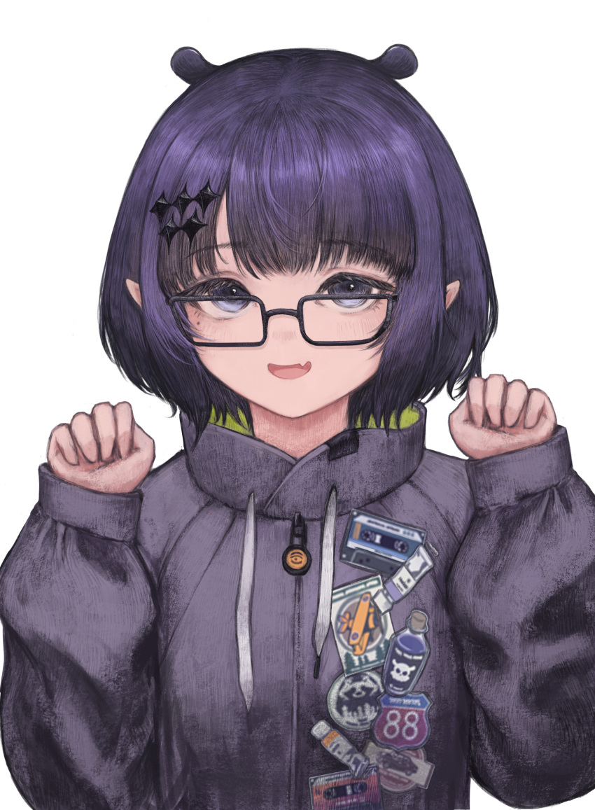 1girl :d absurdres badge black-framed_eyewear blunt_bangs blush button_badge commentary_request coqc drawstring eyelashes fang glasses grey_jacket hair_ornament hands_up highres hololive hololive_english jacket long_sleeves looking_at_viewer mole mole_under_eye ninomae_ina'nis ninomae_ina'nis_(5th_costume) official_alternate_costume open_mouth parted_lips pointy_ears puffy_long_sleeves puffy_sleeves purple_hair rectangular_eyewear short_hair sidelocks simple_background skin_fang sleeves_past_wrists smile solo upper_body violet_eyes virtual_youtuber white_background zipper zipper_pull_tab