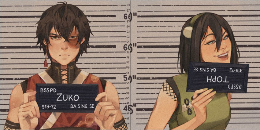 1boy 1girl aged_up avatar:_the_last_airbender avatar_legends barbie_mugshot_(meme) blind burn_scar card chinese_clothes cropped_torso english_commentary english_text height_chart height_mark holding holding_card holding_sign looking_at_viewer meme mugshot olidraws scar scar_across_eye scar_on_face sign smile teeth toph_bei_fong upper_body upper_teeth_only zuko