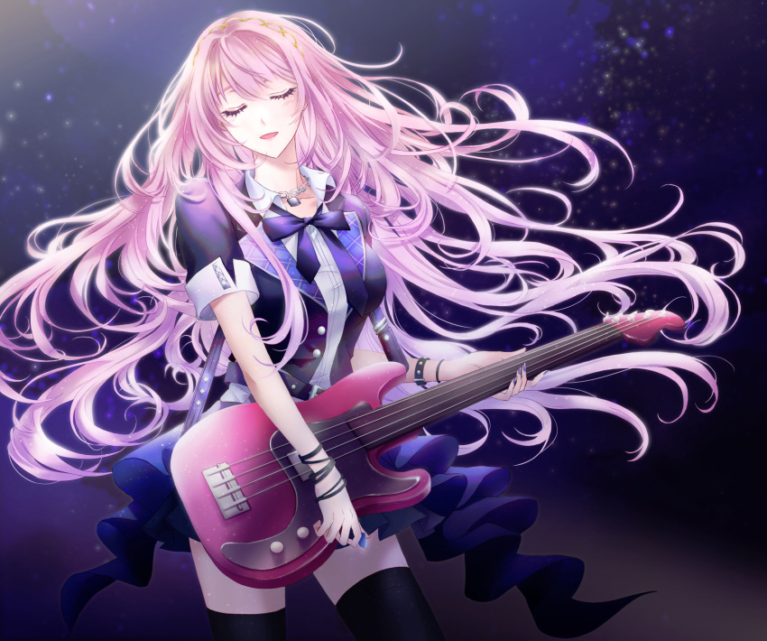 1girl bass_guitar belt belt_buckle black_belt black_thighhighs blue_skirt bow bowtie bracelet breasts buckle buttons chain_necklace closed_eyes collarbone collared_shirt commentary cowboy_shot electric_guitar floating_hair guitar hair_ornament highres holding holding_instrument holding_plectrum instrument jacket jewelry light_blush long_hair loose_bowtie medium_breasts megurine_luka necklace night night_sky open_mouth pink_hair plectrum project_sekai purple_bow purple_bowtie sapphirez39 shirt short_sleeves skirt sky solo star_(sky) starry_sky thigh-highs very_long_hair vocaloid white_shirt zettai_ryouiki
