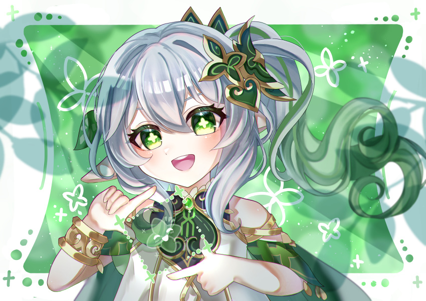 1girl :d absurdres bare_shoulders commentary_request cross-shaped_pupils dress finger_frame genshin_impact gradient_hair green_eyes green_hair grey_hair hair_between_eyes hair_ornament head_tilt highres long_hair looking_at_viewer multicolored_hair nahida_(genshin_impact) pointy_ears que_hua side_ponytail sleeveless sleeveless_dress smile solo symbol-shaped_pupils upper_body white_dress