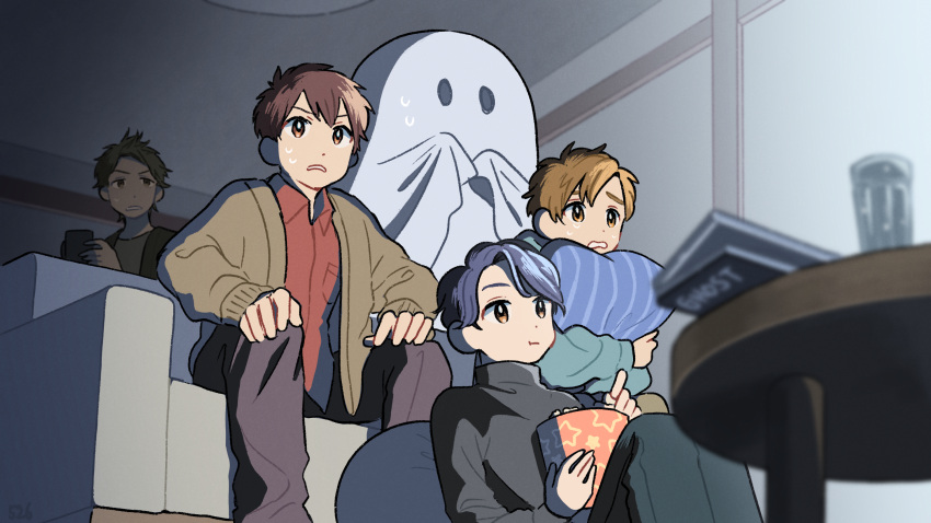 1other 4boys :t blonde_hair blue_hair breast_pocket brown_cardigan brown_eyes brown_hair cardigan chewing collared_shirt couch cup dark dot_nose drinking_glass feet_out_of_frame food frown ghost_costume grimace hands_on_own_knees highres indoors knees_up kojiro337 legs_together looking_ahead multiple_boys object_hug open_cardigan open_clothes original pants pillow pillow_hug pocket popcorn purple_pants red_shirt shirt short_hair sidelighting sitting sweat sweating_profusely swept_bangs table teeth wooden_table