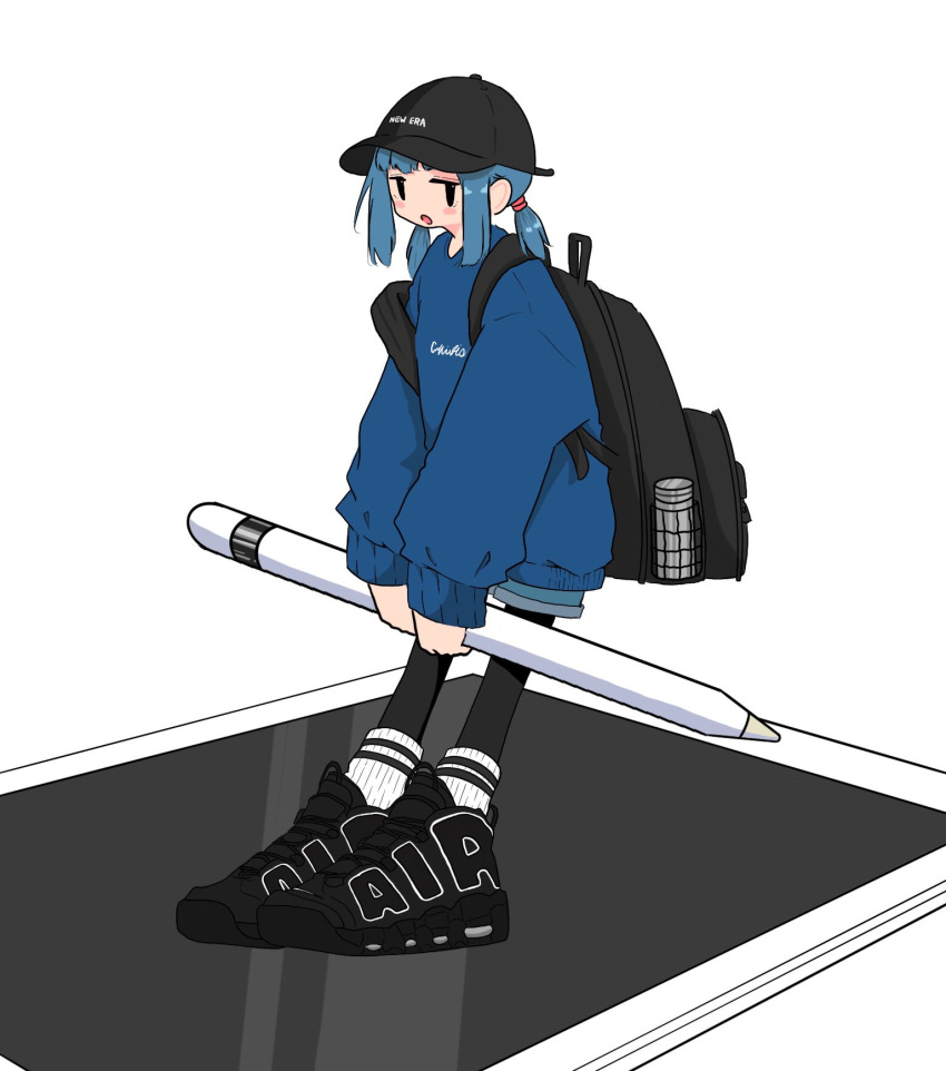 1girl apple_pencil backpack bag baseball_cap black_bag black_eyes black_footwear black_headwear black_pantyhose blue_hair blue_sweater denim denim_shorts full_body hat highres holding holding_stylus ipad long_sleeves looking_at_viewer low_twintails mini_person minigirl nao97122 new_era nike open_mouth original pantyhose pantyhose_under_shorts ribbed_socks shoes short_hair short_twintails shorts sidelocks simple_background sneakers socks solo standing streetwear stylus sweater tablet_pc twintails white_background white_socks