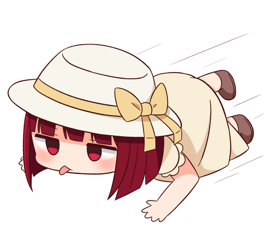 1girl all_fours arima_kana blush bow brown_bow brown_dress brown_footwear chibi closed_mouth commentary_request dress full_body hana_kazari hat hat_bow highres jitome oshi_no_ko red_eyes redhead shoes short_sleeves solo sun_hat tongue tongue_out white_background white_headwear