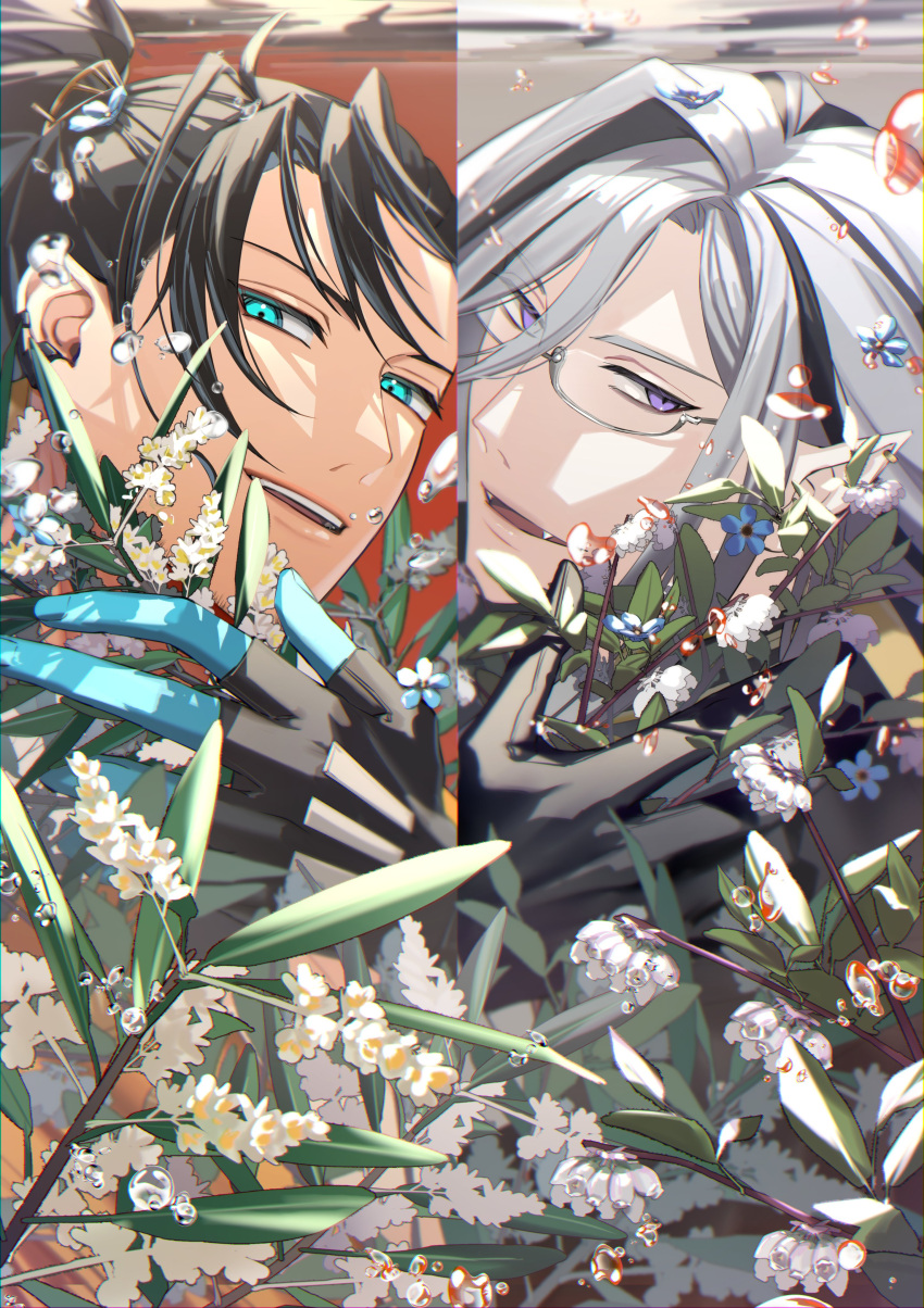 2boys absurdres air_bubble aqua_eyes black_gloves black_hair blue_flower blue_skin blueberry_blossoms bubble colored_skin commentary earrings english_commentary fangs fingerless_gloves flower forget-me-not_(flower) glasses gloves grey_hair hair_between_eyes hair_pulled_back highres holding holding_flower holostars holostars_english jacket jewelry josuiji_shinri leaf long_bangs long_hair looking_at_viewer male_focus multiple_boys naizou_bug noir_vesper olive_branches orange_jacket parted_bangs parted_lips pointy_ears ponytail smile split_screen teeth underwater upper_body upper_teeth_only violet_eyes virtual_youtuber white_flower