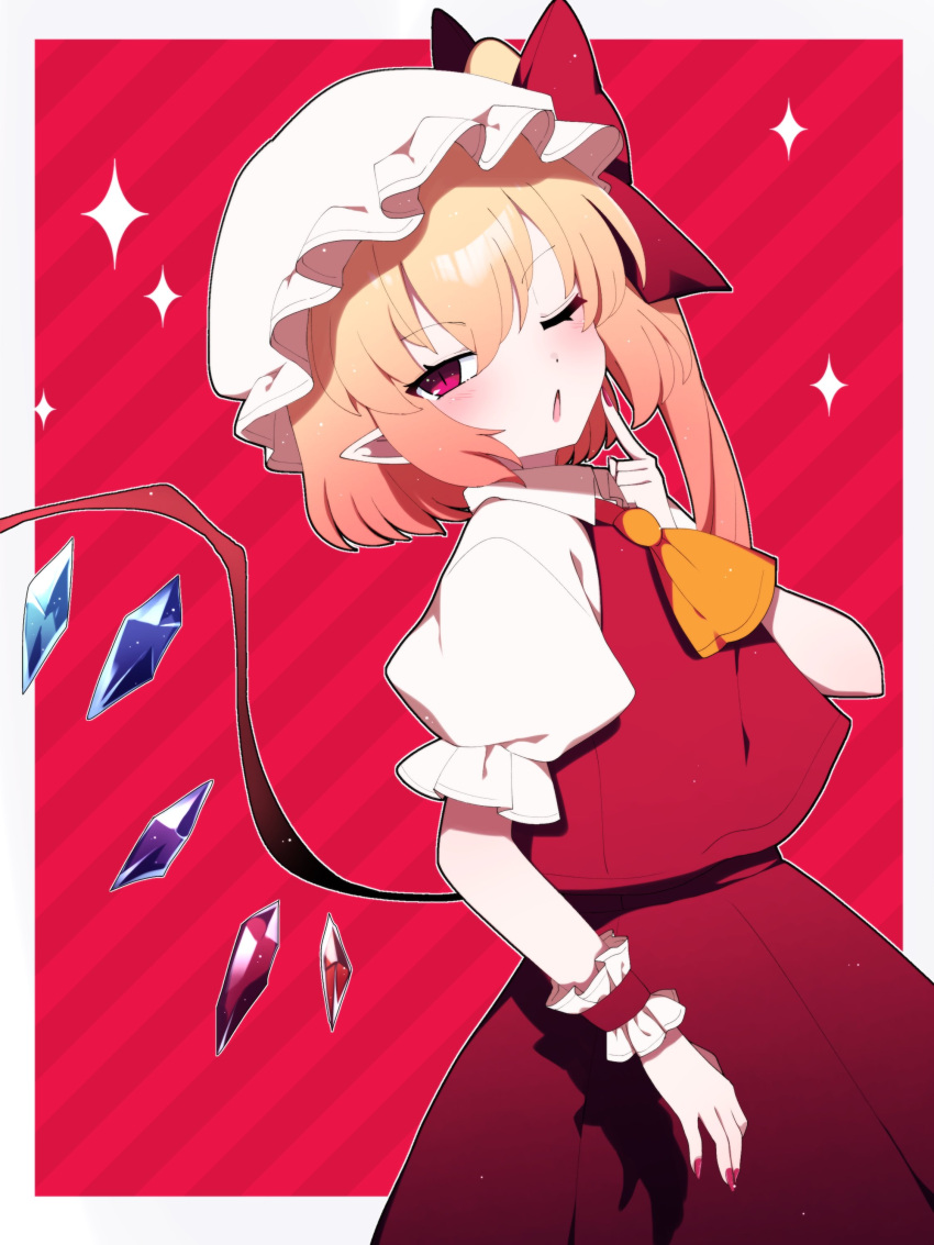 1girl absurdres ascot blonde_hair blush border commentary_request crystal dutch_angle flandre_scarlet flat_chest hair_between_eyes hand_up hat highres index_finger_raised low_wings mob_cap nail_polish one_eye_closed one_side_up open_mouth orange_ascot outline outside_border red_background red_nails red_skirt red_vest short_hair short_hair_with_long_locks simple_background skirt skirt_set slit_pupils solo sparkle touhou vest violet_eyes white_border white_outline wing_collar wings wrist_cuffs you_(noanoamoemoe)