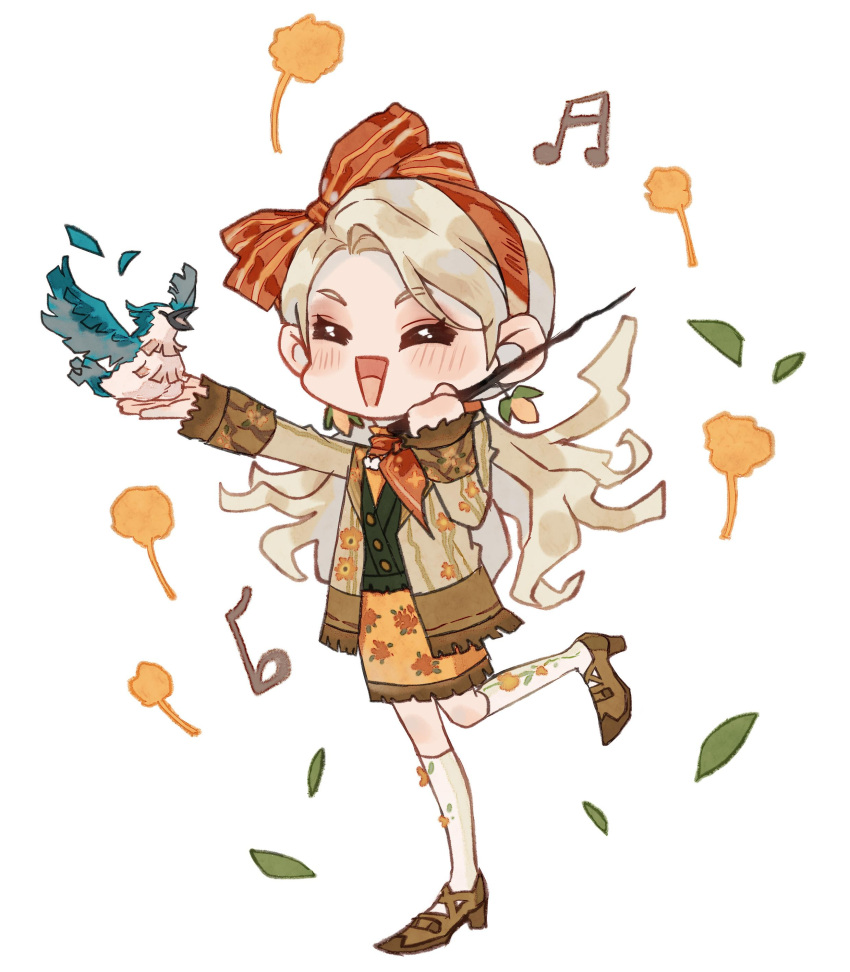 1girl absurdres animal bird blonde_hair bow bow_hairband brown_footwear brown_jacket chibi closed_eyes floral_print full_body hairband harry_potter:_magic_awakened harry_potter_(series) highres holding holding_animal holding_bird holding_wand jacket leaf musical_note neckerchief open_mouth orange_bow orange_neckerchief orange_skirt outstretched_arm parrot skirt smile socks solo swept_bangs wand white_background white_socks wizarding_world xialuo_yingling