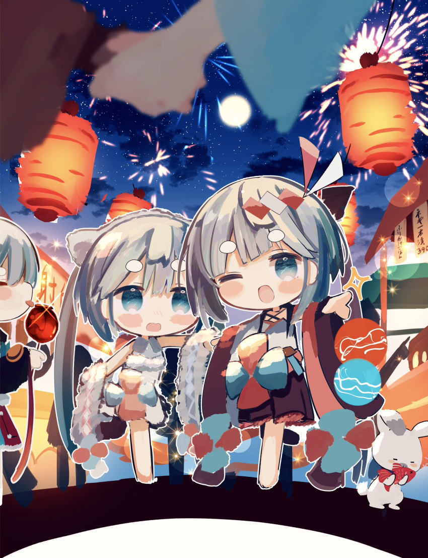 3girls aerial_fireworks animal aqua_eyes aqua_hair black_skirt blush_stickers candy_apple chibi closed_eyes commentary detached_sleeves dress eating festival fireworks fish food food_stand full_moon fur-trimmed_dress fur-trimmed_headwear fur-trimmed_sleeves fur_trim hatsune_miku highres holding holding_animal holding_fish holding_hands japanese_clothes kimono lantern lens_flare licking long_hair magical_mirai_(vocaloid) magical_mirai_miku magical_mirai_miku_(2018) moon multiple_girls night one_eye_closed open_mouth out_of_frame outdoors outstretched_arm paper_lantern pink_sleeves pointing rabbit_yukine skirt sky smile sparkle standing star_(sky) star_(symbol) starry_sky syare_0603 tongue tongue_out twintails very_long_hair vocaloid wide_sleeves yukata