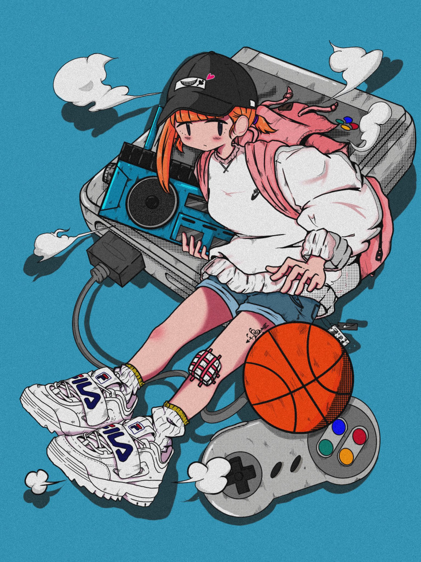 1girl backpack bag ball bandaid bandaid_on_knee bandaid_on_leg baseball_cap basketball_(object) black_eyes black_headwear blue_background blue_shorts blunt_bangs boombox commentary_request fila full_body game_console halftone hat highres holding_boombox leg_tattoo long_sleeves looking_at_viewer nao97122 nike orange_hair original pink_bag revision ribbed_socks shoes shorts sitting sneakers socks solo streetwear super_famicom super_famicom_gamepad sweater tattoo white_footwear white_socks white_sweater