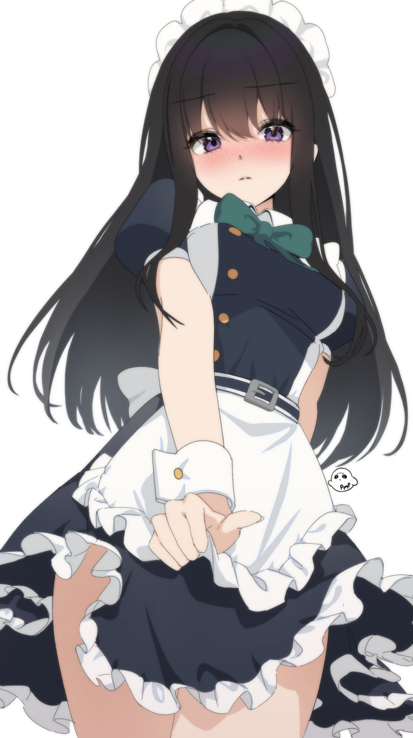 1girl alternate_costume apron arm_behind_back black_hair blush bow bowtie breasts closed_mouth cowboy_shot cropped_legs eyebrows_hidden_by_hair highres holding holding_clothes hyeyoon_0205 inoue_takina legs_together long_bangs long_hair looking_at_viewer looking_down lycoris_recoil maid maid_apron maid_headdress medium_breasts pale_skin puffy_short_sleeves puffy_sleeves short_sleeves simple_background sketch_eyebrows sleeve_cuffs solo solo_focus thick_thighs thighs violet_eyes white_background