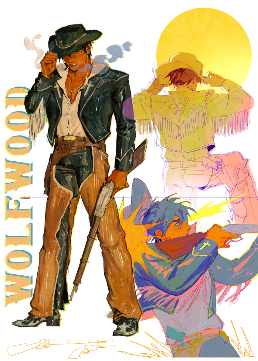 1boy absurdres adjusting_clothes adjusting_headwear aquiline_nose black_hair black_jacket chaps character_name cigarette collared_shirt cowboy_hat cowboy_western cross cross_necklace cross_print crotchless crotchless_pants firing fringe_trim gun handgun hat hat_over_one_eye highres holding holding_gun holding_weapon holster holstered jacket jewelry k_chuuu leather leather_jacket long_sleeves male_focus multiple_views necklace nicholas_d._wolfwood open_clothes open_jacket pants pectoral_cleavage pectorals profile revolver shirt short_hair shotgun skull_print smoke smoking trigun weapon white_background white_shirt