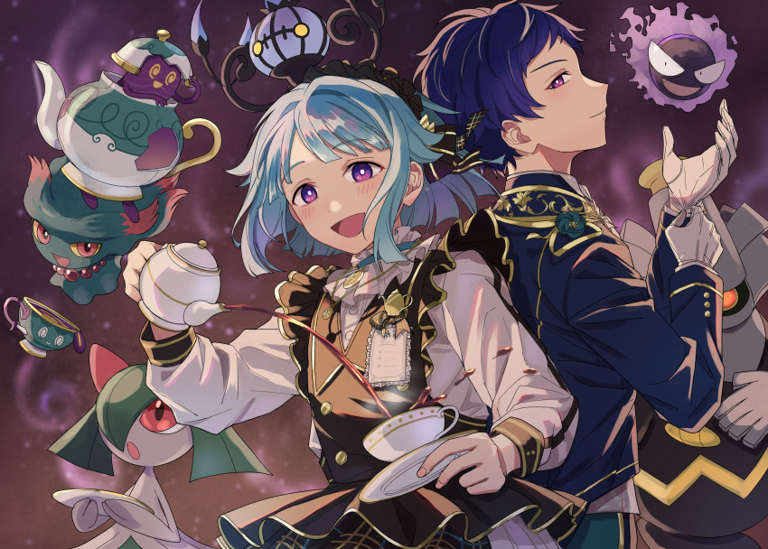 2boys absurdres adjusting_clothes adjusting_gloves blue_hair blunt_ends chandelure character_request closed_mouth colored_eyelashes commentary_request crossover cup dark_blue_hair ensemble_stars! fingernails frills fushimi_yuzuru gastly gloves highres holding holding_cup holding_teapot kirlia long_sleeves looking_at_viewer misdreavus multiple_boys open_mouth pokemon pokemon_(creature) pouring shino_hajime short_hair teapot upper_body violet_eyes wednesday_108 white_gloves