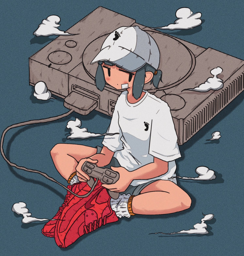 1girl bandaid bandaid_on_cheek bandaid_on_face baseball_cap butterfly_sitting clouds controller drop_shadow film_grain flat_chest full_body game_console game_controller grey_background grey_hair grey_shorts hat highres holding holding_controller holding_game_controller looking_at_viewer nao97122 original playstation_1 playstation_controller red_footwear shirt shoes short_hair short_ponytail short_sleeves shorts sidelocks sitting sneakers socks solo t-shirt tomboy white_headwear white_shirt white_socks