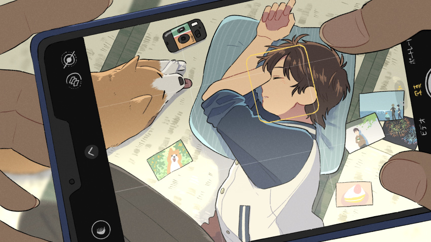 1boy 1other black_pants blush brown_hair camera cellphone_picture closed_mouth fingernails from_above highres jacket kojiro337 letterman_jacket long_bangs long_sleeves lying messy_hair on_side original pants parted_lips photo_(object) pov shiba_inu short_hair sleeping sleeves_rolled_up tatami tongue tongue_out upper_body viewfinder white_jacket