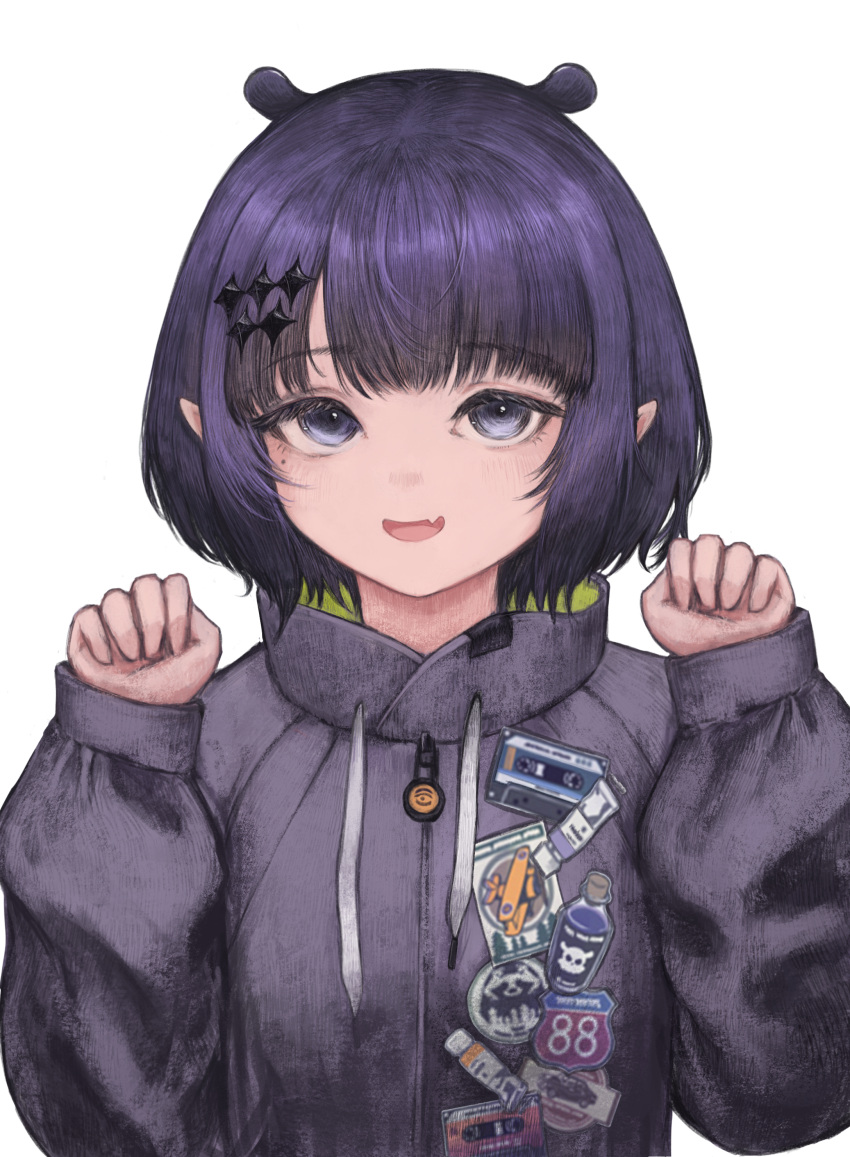 1girl :d absurdres badge blunt_bangs blush button_badge commentary_request coqc drawstring eyelashes fang grey_jacket hair_ornament hands_up highres hololive hololive_english jacket long_sleeves looking_at_viewer mole mole_under_eye ninomae_ina'nis ninomae_ina'nis_(5th_costume) official_alternate_costume open_mouth parted_lips pointy_ears puffy_long_sleeves puffy_sleeves purple_hair short_hair sidelocks simple_background skin_fang sleeves_past_wrists smile solo upper_body violet_eyes virtual_youtuber white_background zipper zipper_pull_tab